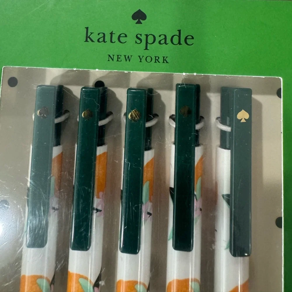 Kate Spade citrus Ink Pen Set of 5  w/ trio of Pink,Blue &green printed Notepads